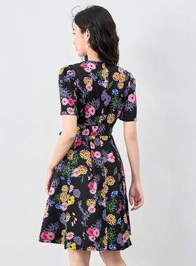 2419507-复古洋气印花优雅收腰系带显瘦连衣裙女深圳南油高品质新