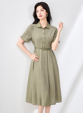 2507412-南油高货通勤优雅提花翻领连衣裙大摆收腰显瘦中长压褶裙