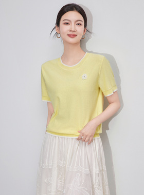 2509407-撞色圆领山茶花上衣16针四平密织超细冰丝纱针织衫女夏款