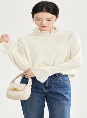 2517308-法式浪漫高贵洋气四方立绒衬衫蕾丝花瓣领上装南油秋冬款