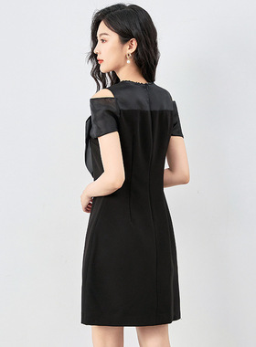 2419407-名媛女神范温柔气质设计感露肩蝴蝶结连衣裙重工钉珠小众