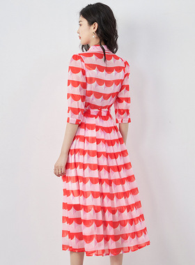 2417806-深圳南油法式气质收腰遮肉显瘦质感印花琉璃纱连衣裙女装