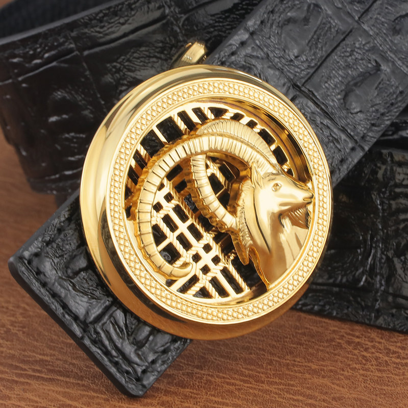 实心铜扣皮带男士真皮高档奢侈品羊头腰带头层牛皮鳄鱼纹西服裤带