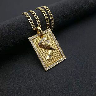 欧美嘻哈街头说唱HIPHOP个性饰品钛钢镀金镶钻埃及法老王吊坠项链