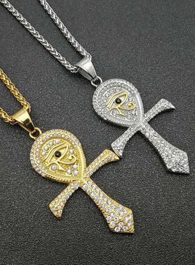 欧美钛钢镶钻荷鲁斯之眼吊坠项链