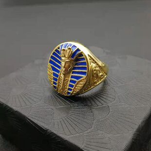 钛钢真空镀金蓝胶埃及法老王荷鲁斯之眼安赫男士戒指新款中东饰品