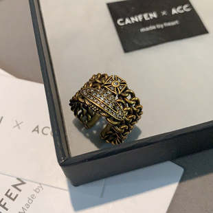 黑色西太后戒指女轻奢高级感古铜色宽面锁链开口戒做旧复古食指戒