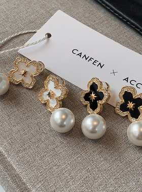 布契家四叶草珍珠耳饰2025新款爆款高级感黑色耳环法式宫廷风耳钉