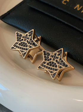 双面黑色满钻西太后耳环欧美小香风耳扣高级感设计五角星朋克耳饰