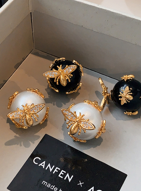 黑色蜜蜂珍珠耳钉2025新款爆款高级感耳环法式风轻奢镶钻超闪耳饰