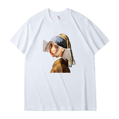 恶搞碧梨billie eilish短袖T恤白色衣服男女圆领宽松周边