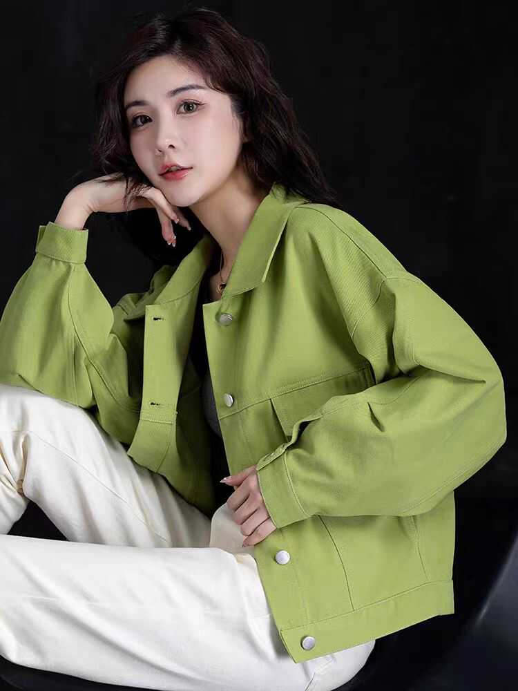 牛油果绿短款牛仔外套女2024新款春秋装爆款上衣夹克牛仔衣小个子
