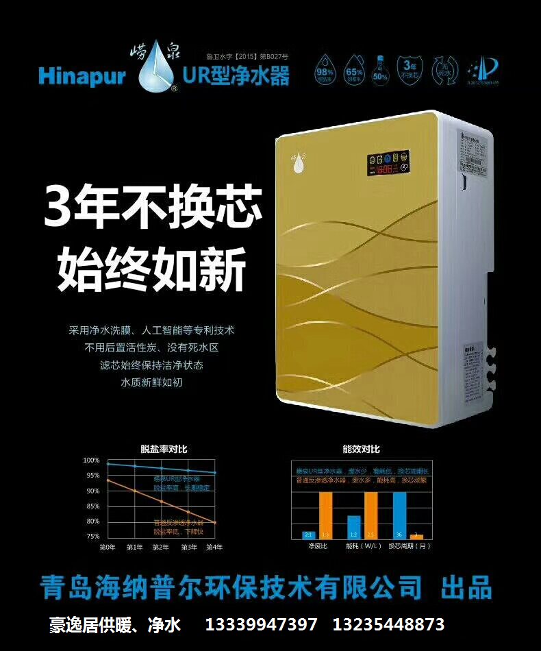 崂泉家用直饮机净水器纯水机一级水效1比1微废水买就送壁挂饮水机