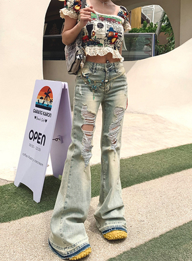 初代美希MEYSIKIM现货破洞美式牛仔裤女2025新款低腰微喇裤ME0134