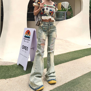 初代美希MEYSIKIM现货破洞美式牛仔裤女2025新款低腰微喇裤ME0134