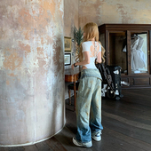 女 子拖地牛仔裤 初代美希MEYSIKIM美式 复古渐变不规则翻边低腰跨裤