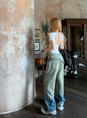 初代美希MEYSIKIM美式复古渐变不规则翻边低腰跨裤子拖地牛仔裤女