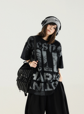 初代美希MEYSIKIM 短袖t恤女欧美慵懒风宽松字母大图印花黑色上衣