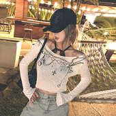 高弹微透一字肩上衣 t恤女2025新款 1件85折2件8折3件75折 长袖