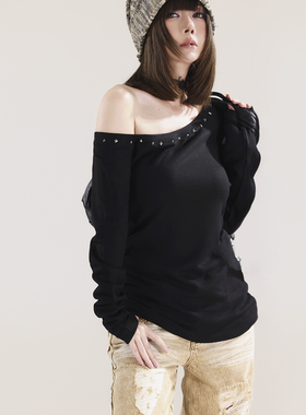 初代美希MEYSIKIM 打底衫女2025新款t恤黑色长袖早秋chic斜肩上衣