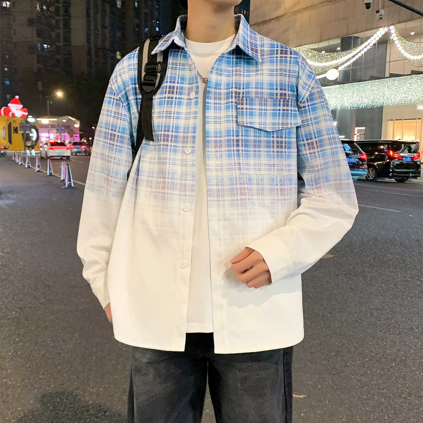 渐变色格子衬衫男士宽松休闲翻领oversize设计感衬衣WY5509-特P58,男装衬衫,电商A076