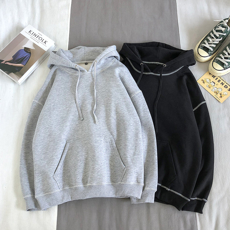 港风情侣卫衣男女秋冬加绒日系宽松纯色套头上衣摆拍9WY8301图片