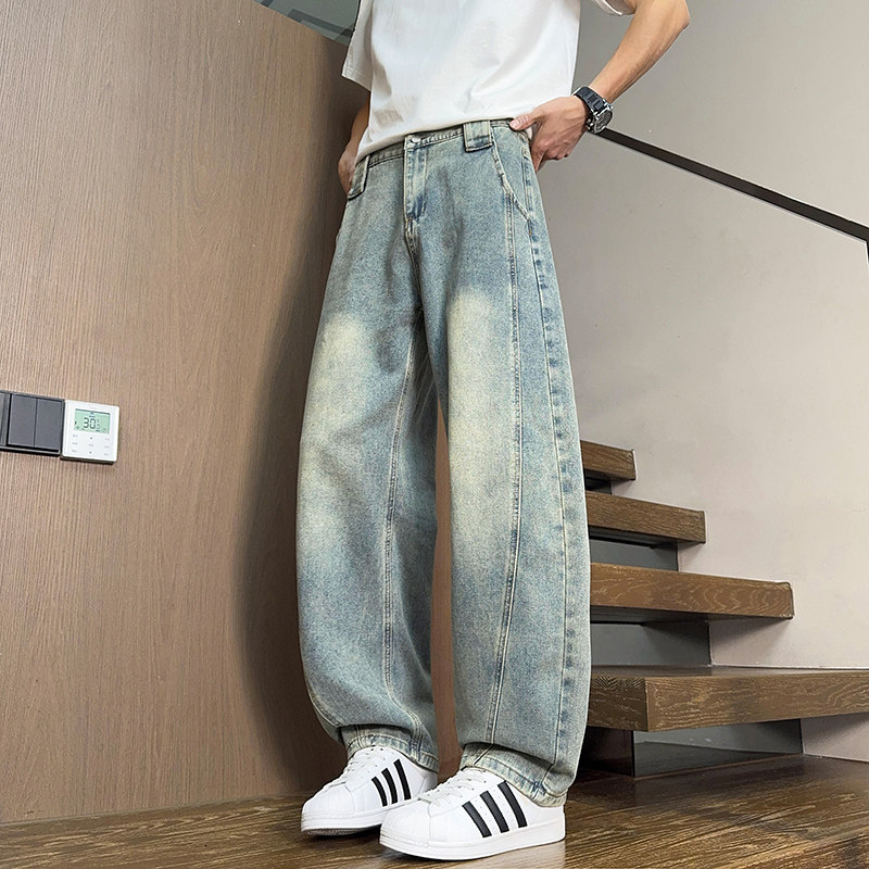 青少年弯刀阔腿牛仔裤男春季宽松直筒复古水洗长裤NZ1238-特P52，男装牛仔裤，电商A076