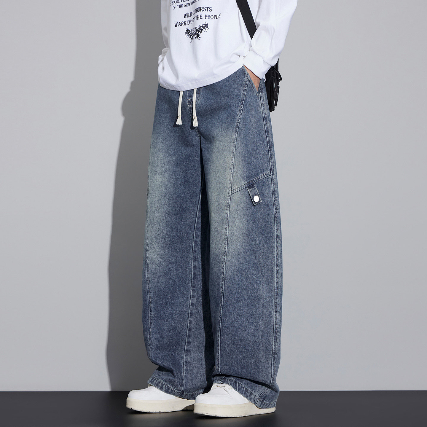 美式风工装牛仔裤男士宽松阔腿抽绳高街潮牌长裤子NZ6662-特P53，男装牛仔裤，电商A076