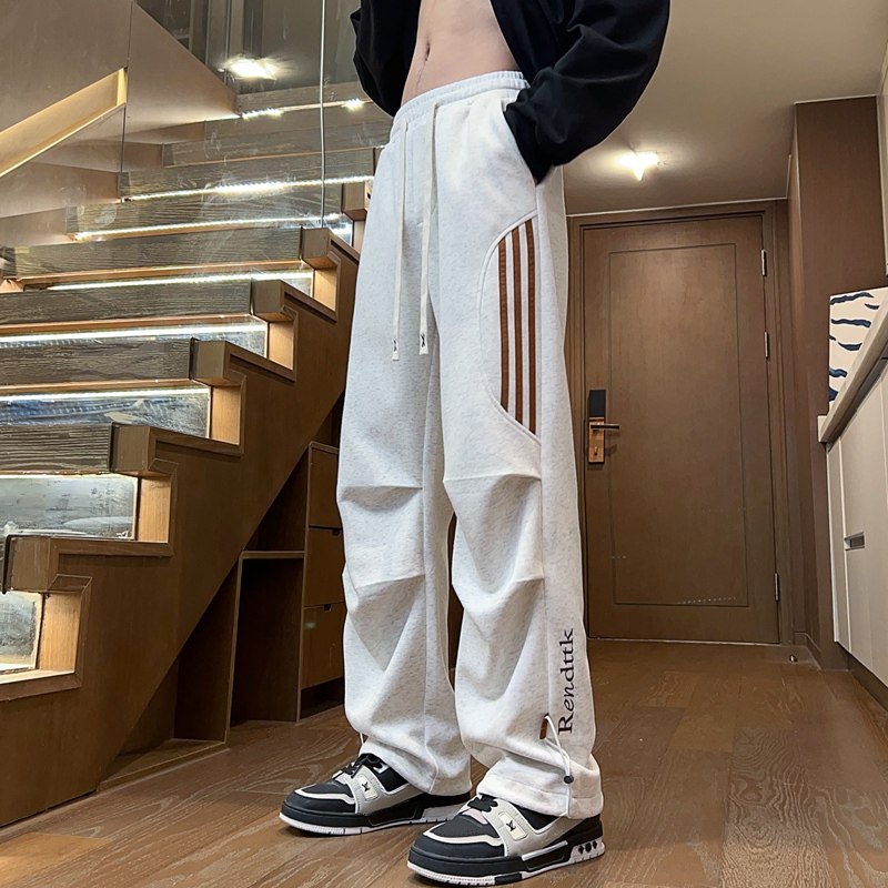 美式运动风刺绣字母直筒裤男宽松条纹拼接休闲长裤潮牌K817-特P36，男装休闲裤，电商A076