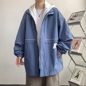 假两件连帽工装外套港风中性风宽松夹克ins新款15J,蓝色豹纹衬衫怎么搭配图片