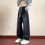 美式复古弯刀牛仔裤男宽松直筒系带水洗黑灰色长裤NZ1233-特P52，男装牛仔裤，电商A076