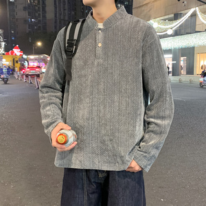 美式风亨利领条纹套头卫衣男潮流百搭宽松长袖上衣WY5508-特P46