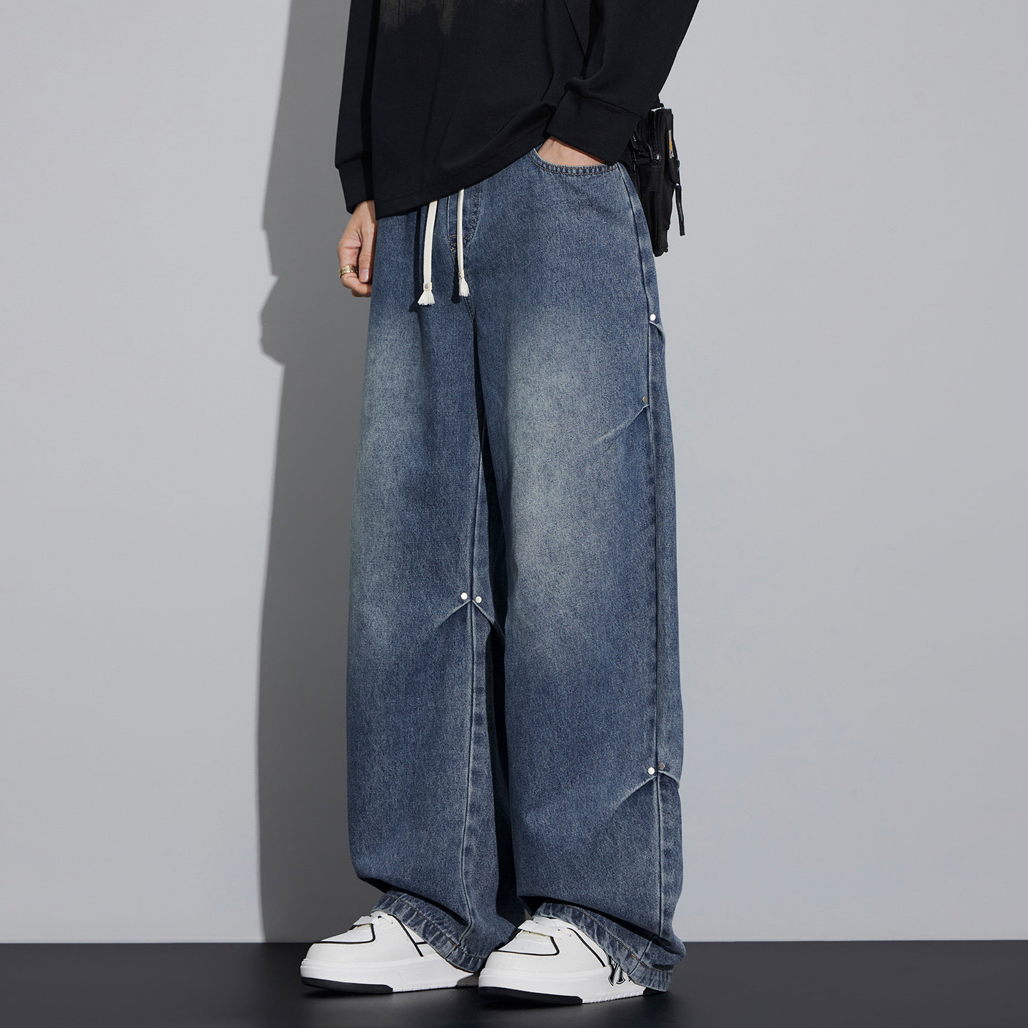 美式风弯刀牛仔裤男宽松直筒抽绳水洗阔腿休闲长裤NZ6663-特P55，男装牛仔裤，电商A076