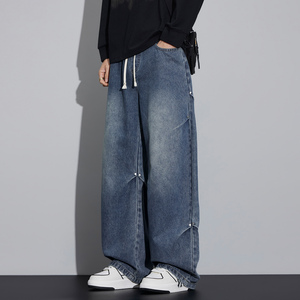 美式风弯刀牛仔裤男宽松直筒抽绳水洗阔腿休闲长裤NZ6663-特P55，男装牛仔裤，电商A076