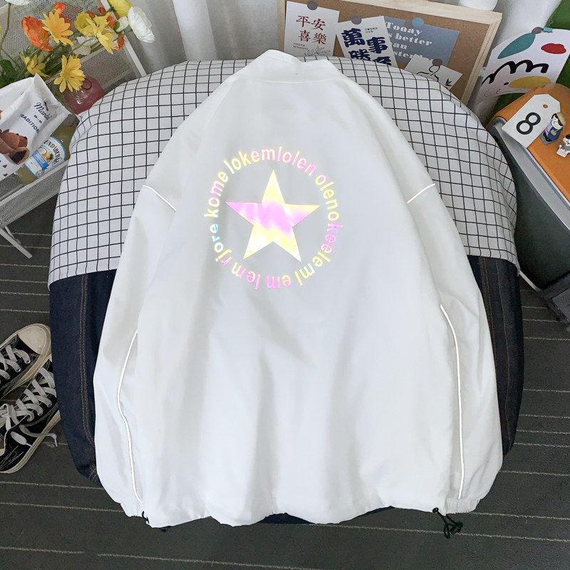 秋季反光夜光印花外套男ins港风潮流宽松大码情侣夹克5J,男装夹克,电商A076
