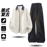美式复古休闲风衬衫套装男士秋季宽松潮流运动套装TZ26018-特P98，男装衬衫，电商A076