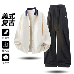美式复古休闲风衬衫套装男士秋季宽松潮流运动套装TZ26018-特P98图片