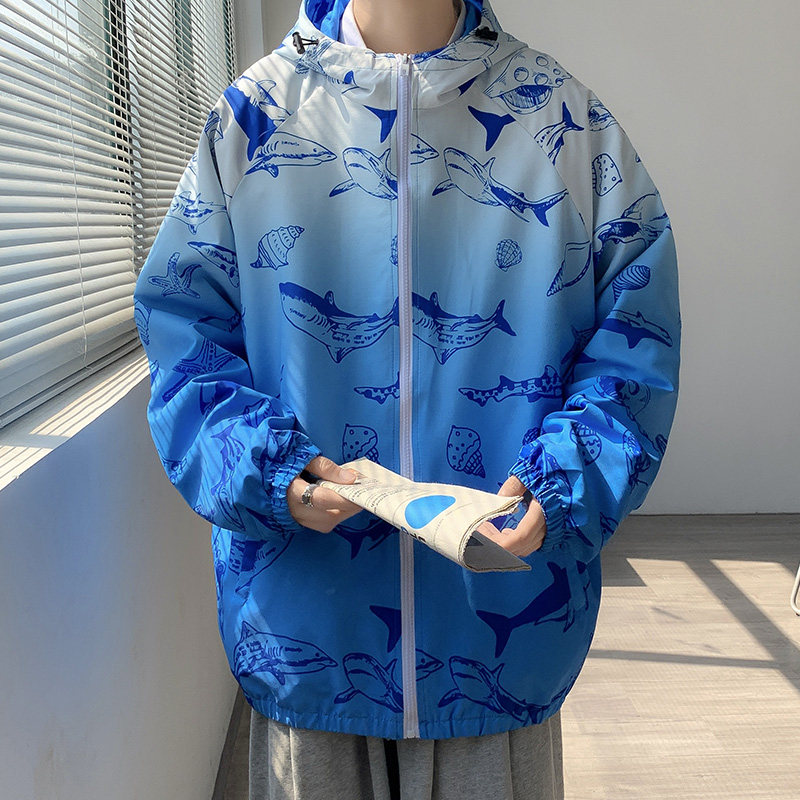 情侣外套男女秋季渐变色模特连帽夹克中性风港风14J图片