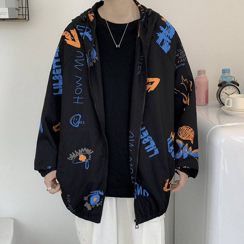 情侣连帽外套男女秋季印花夹克港风中性风模特17J图片