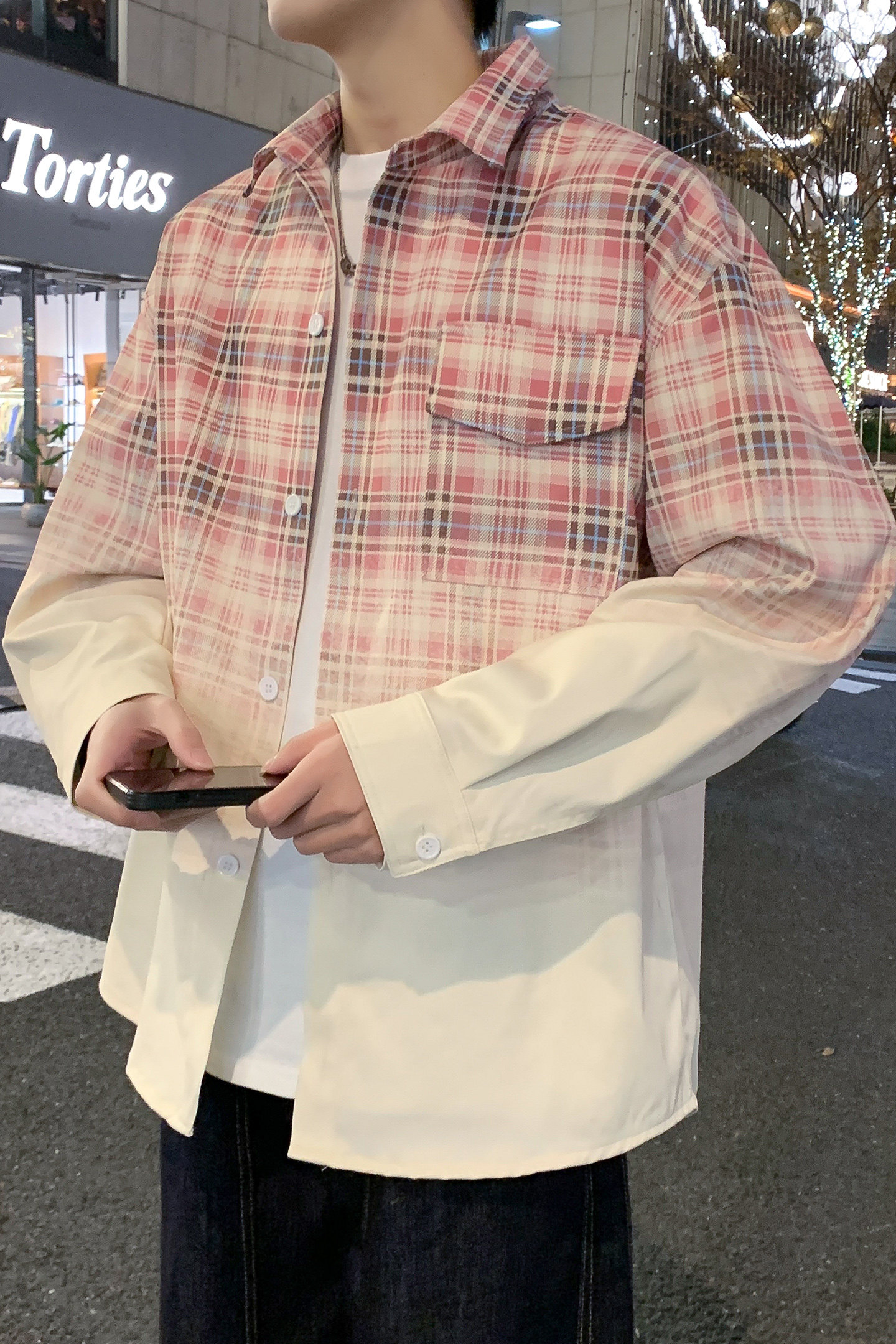 渐变色格子衬衫男士宽松休闲翻领oversize设计感衬衣WY5509-特P58,男装衬衫,电商A076