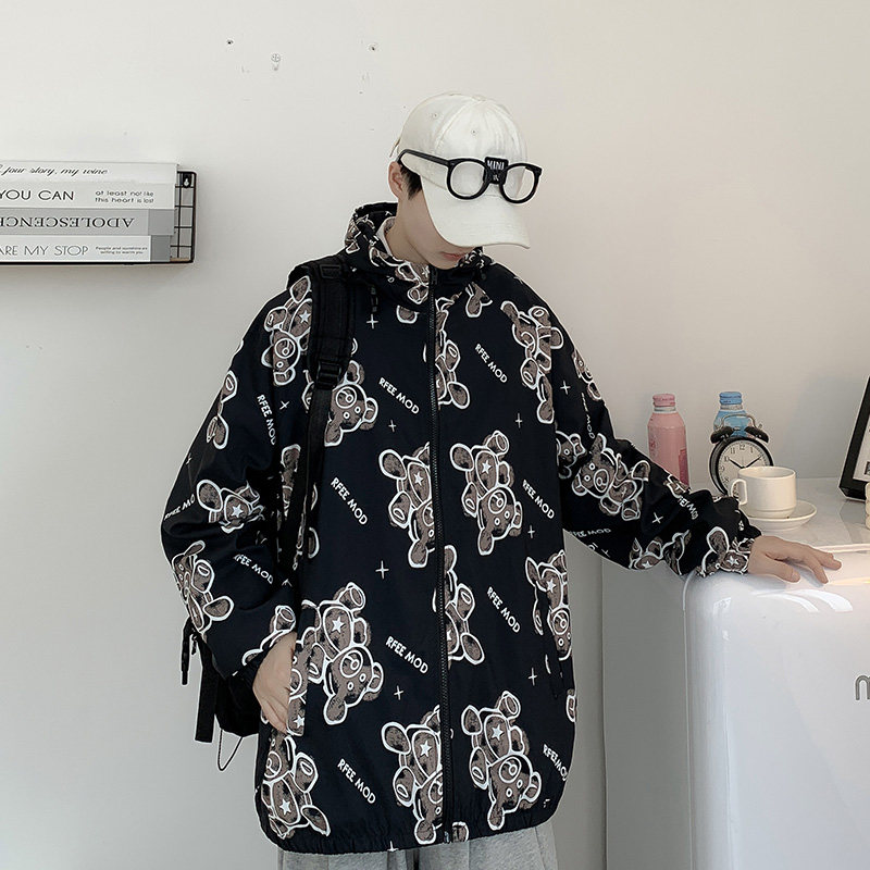 情侣装外套男女秋季印花连帽休闲夹克中性风港风模特11J图片