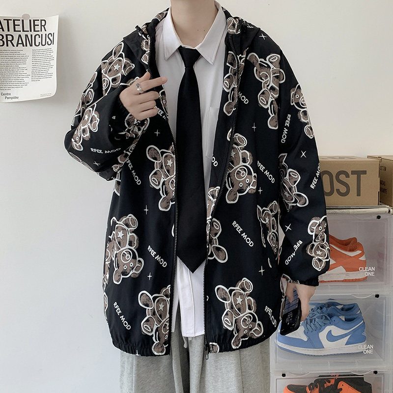 情侣装外套男女秋季印花连帽休闲夹克中性风港风模特18J图片