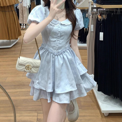 法式甜美初恋小个子娃娃领连衣裙女学生夏季收腰显瘦泡泡袖蓬蓬裙