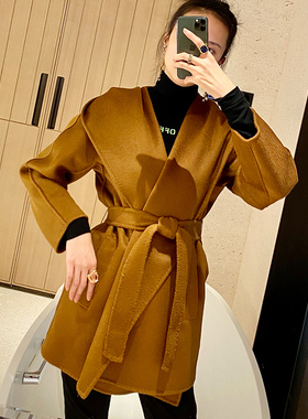 2023新款M家同款高端双面羊绒大衣女短款水波纹小个子连帽毛呢max