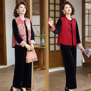 2026年春季妈妈国风双面穿马甲外套中老年女春秋新中式金丝绒套装