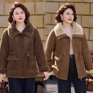 冬季新款女士翻领皮毛一体外套中老年妈妈冬装加绒麂皮绒保暖棉衣