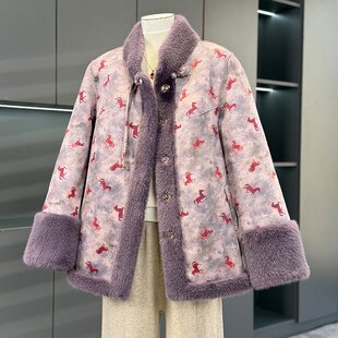 妈妈冬装外套大衣衣中老年女新中式皮毛一体双面穿加绒加厚棉衣