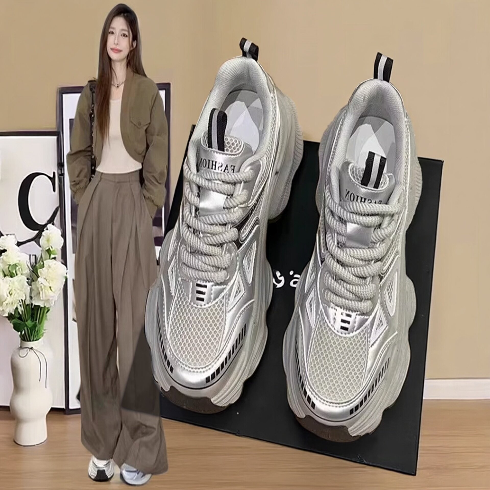 2026春季新款时尚休闲鞋女厚底增高运动鞋百搭舒适透气银色老爹鞋