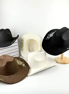 美式复古刺绣西部牛仔帽户外旅游秋季帽子大帽檐礼帽英伦风男女款