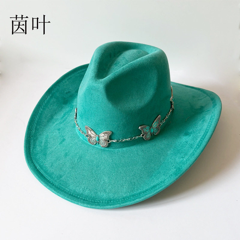 金属蝴蝶链条牛仔帽麂皮绒卷檐帽子大帽檐西部牛仔帽